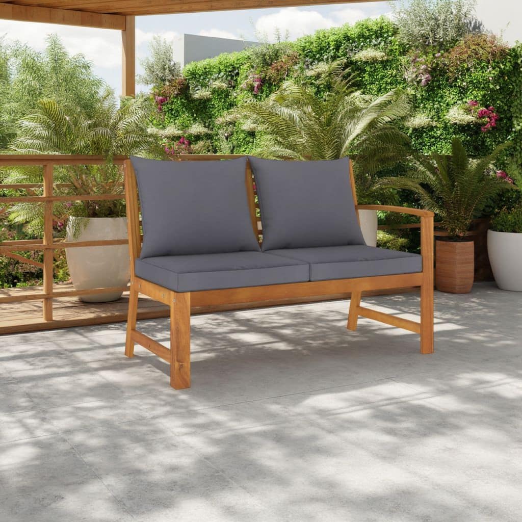 Outdoor Bench, Gray Fabric Cushions, Slatted Brown Solid Acacia Wood