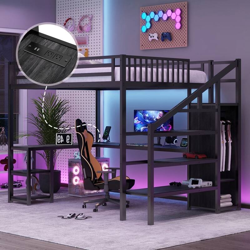 Metal Queen Size Loft Bed with Wardrobe and LED Light, L Shaped Desk and USB