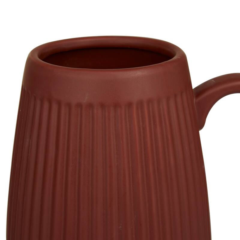 Red Ceramic Ribbed Decorative Vase with Handles (Set of 2)