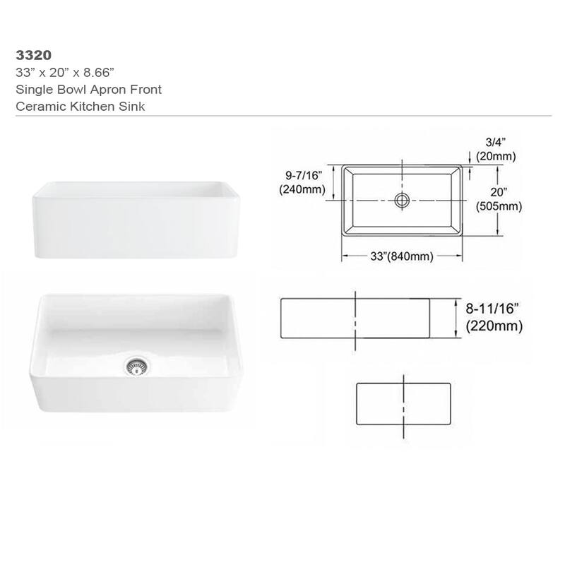 33" x 20" Fireclay Single Bowl Farmhouse Apron Kitchen Sink with Grid and Strainer - 33 x 20