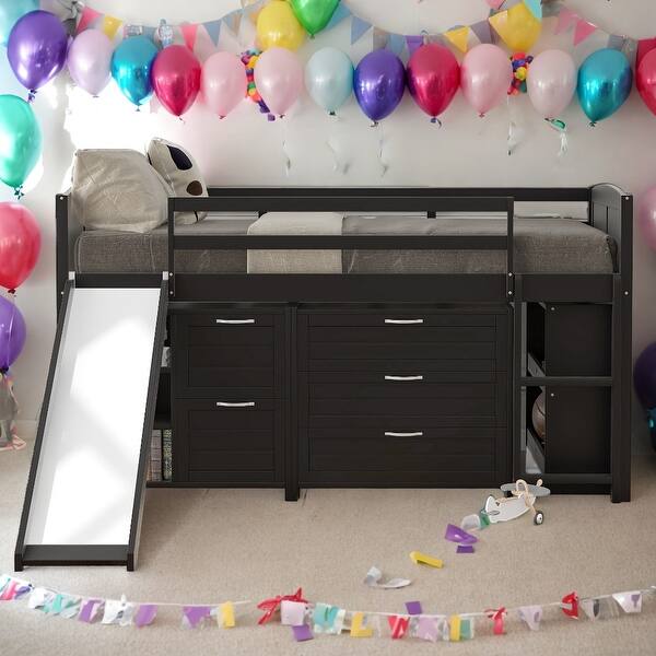 slide 2 of 27, Modern Twin Size Low Loft Bed with Cabinets,Shelves and Slide For Bedroom,Kids Espresso