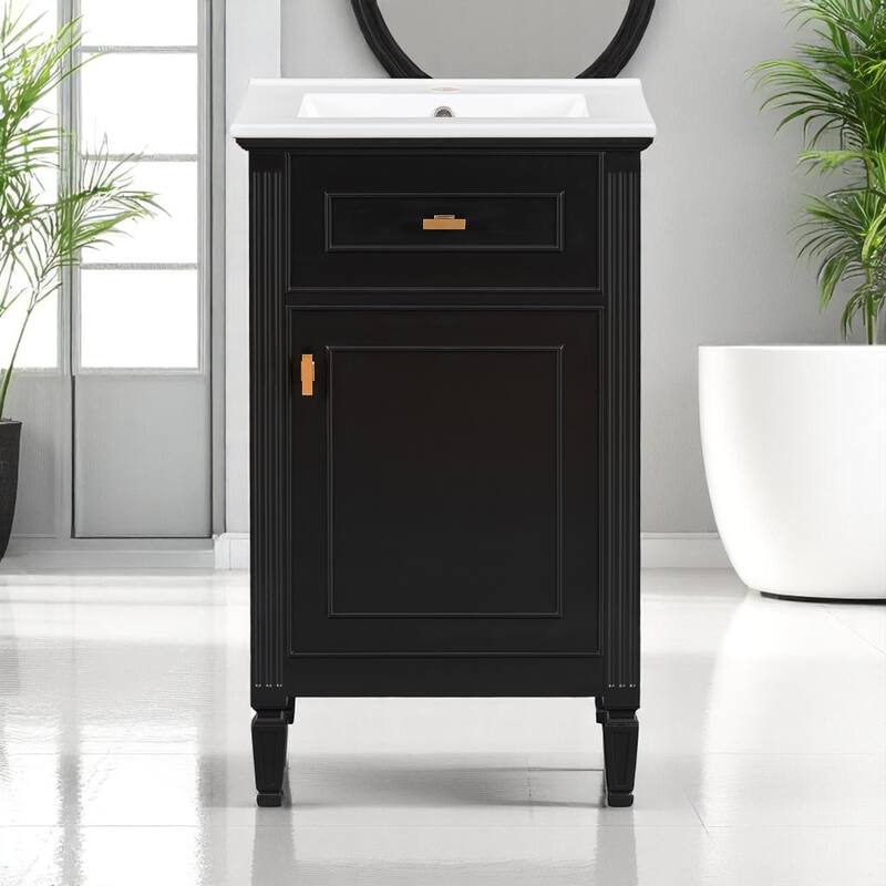 20" Bathroom Vanity with Sink, Freestanding White Cabinet with Ceramic Basin, Tilt-Out Drawer, Adjustable Shelf, Solid Wood Legs