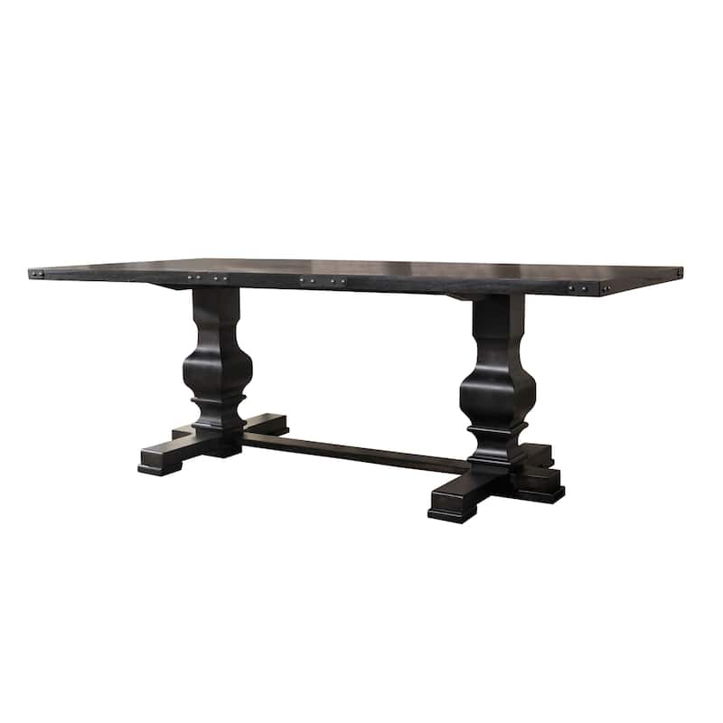 Wooden Rectangular Dining Table With Double Pedestal And Trestle Base, Vintage Black