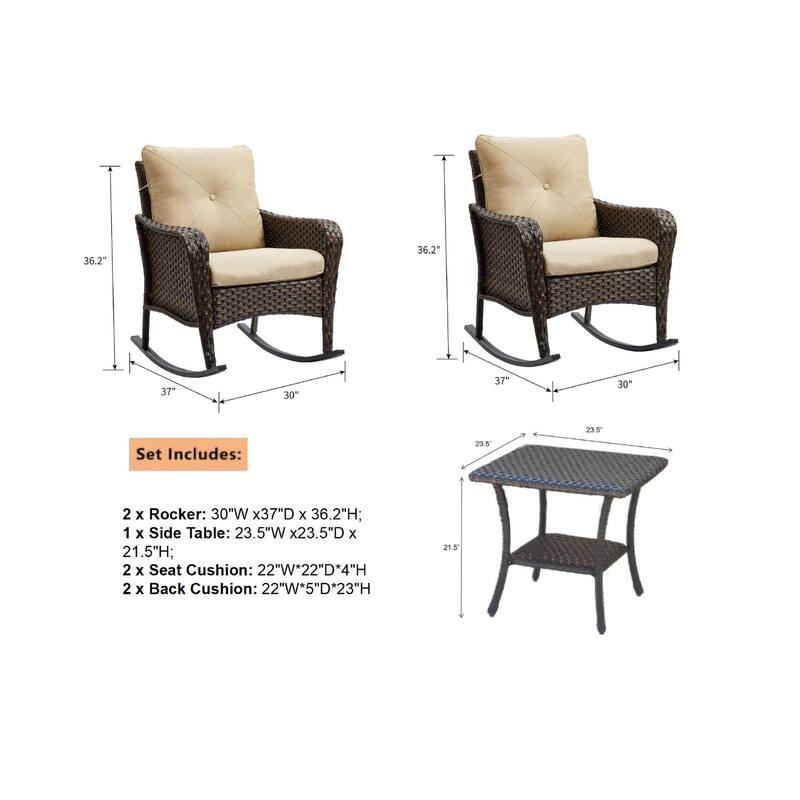 Pocassy 3-Piece Outdoor Wicker Rattan Rocking Set