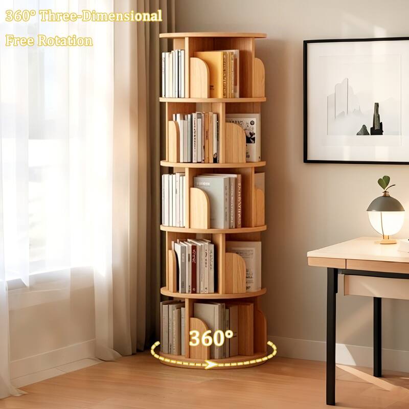 Rotating Bookshelf, 360 Display 5 Tier, Floor Standing Bookcase Storage Rack, Wood Narrow Book Shelf Organizer