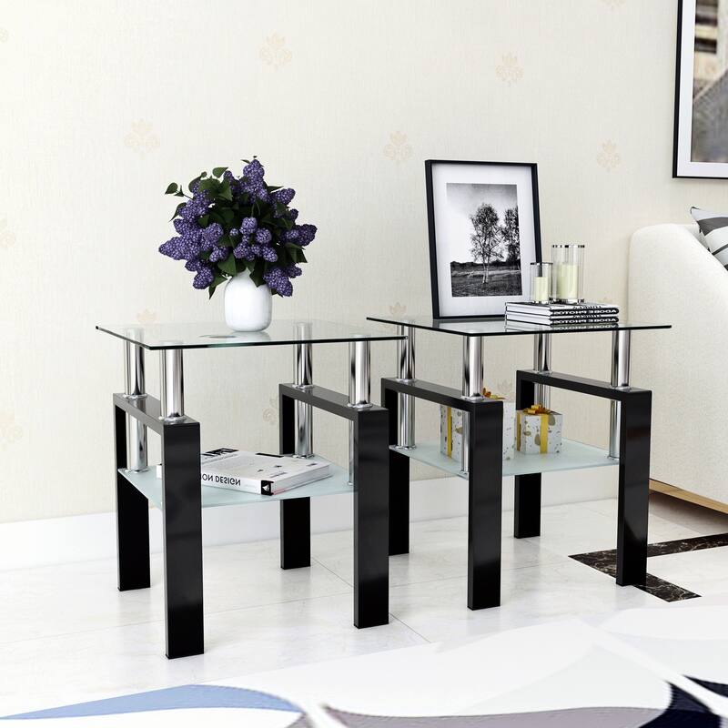 Set of 2, Modern Tempered Glass Tea Table Coffee Table End Table, Square Table for Living Room, Black