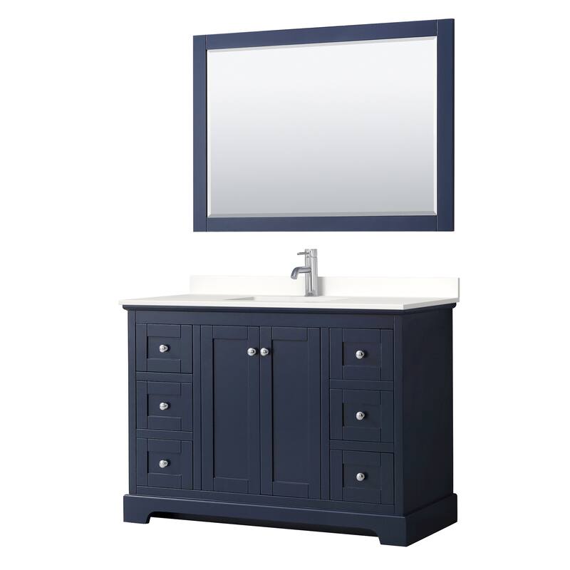 Avery 48-inch Single Vanity, Quartz Top, 46-inch Mirror - Dark Blue, Chrome Trim, White Quartz Top
