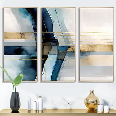 Designart "Abstract Transitional Modern Shapes V" Modern Shapes Transitional Framed Canvas Art Print - 3 Panels