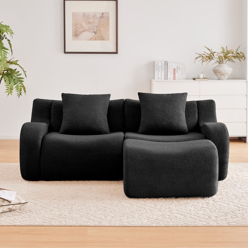 L-Shaped Teddy Fabric 2-Seat Boneless Sofa, No Assembly Required Curved Armrest, Streamlined Design Ergonomic Design