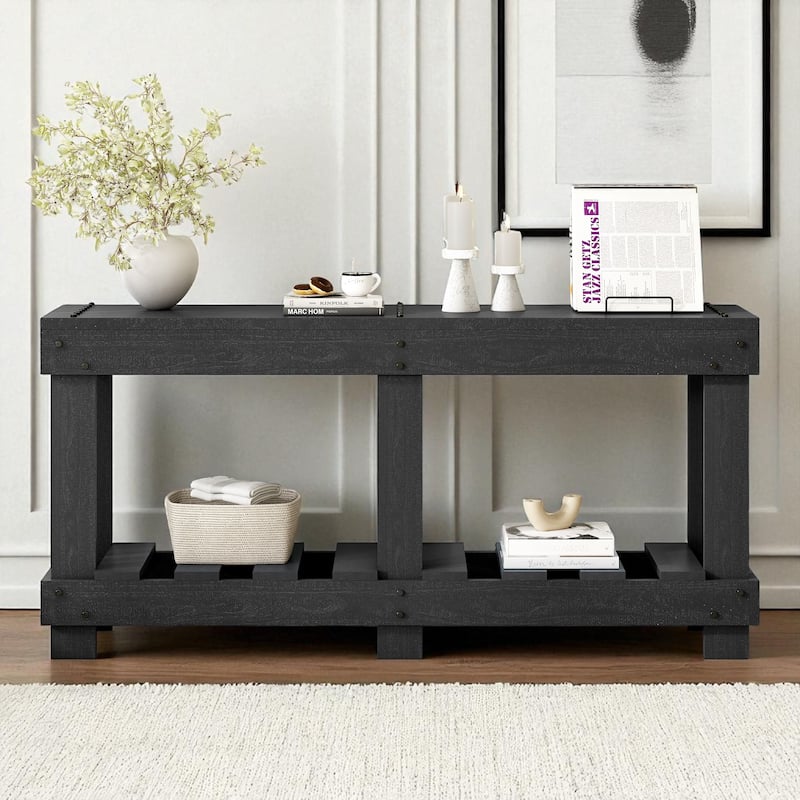 62.9" Vintage Fir Wood Entryway Console Table with Metal Rivet Accents, 6 Legs and Open Shelf Storage - Black