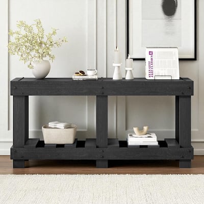 62.9" Vintage Fir Wood Entryway Console Table with Metal Rivet Accents, 6 Legs and Open Shelf Storage