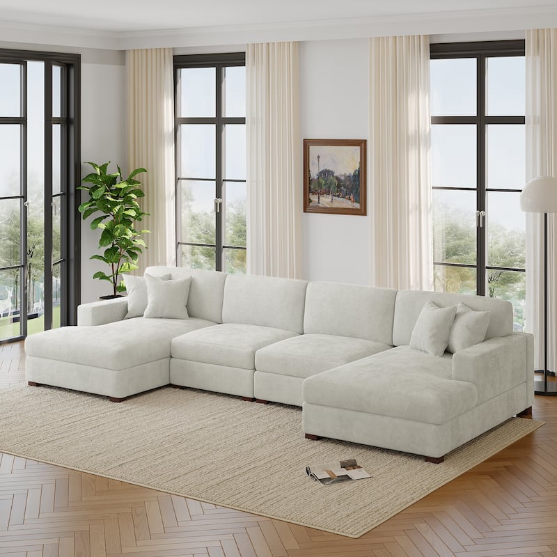Modern Upholstered Chenille Modular Sectional Sofa with 2 Chaise - Off White-4 Piece