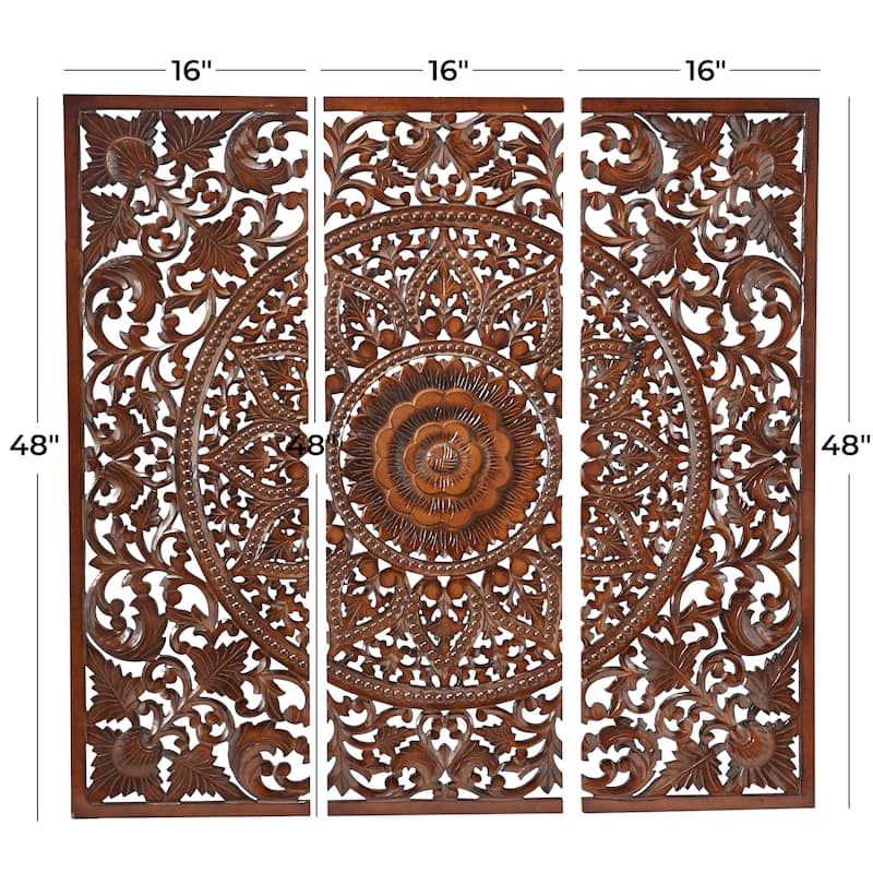 Wooden Handmade Intricately Carved Floral Wall Decor with Mandala Design (Set of 3) - Brown or White