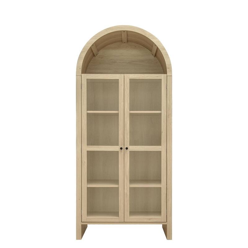 Farmhouse Wood Kitchen Pantry Cabinet, ,Arched Storage Display Cabinet with Glass Doors and Adjustable Shelves