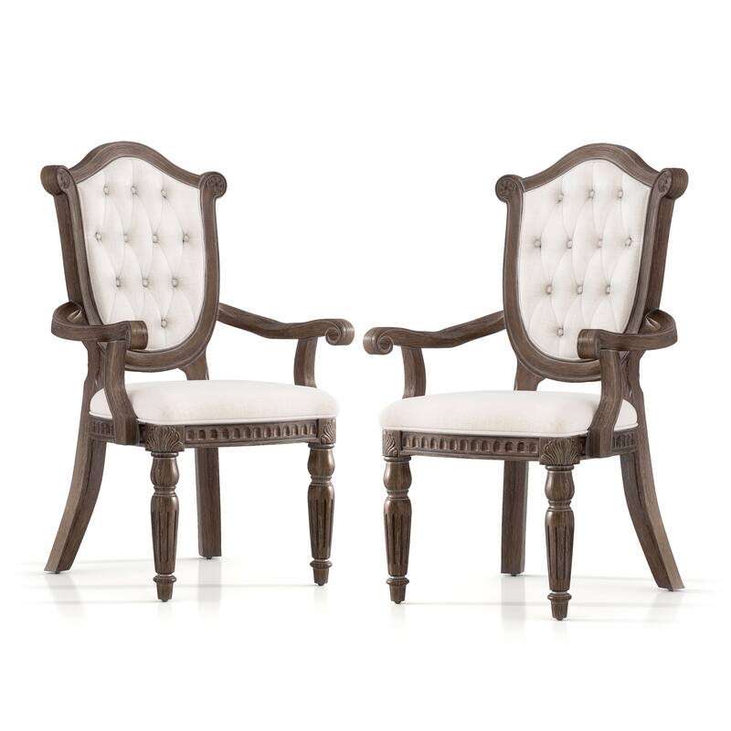 Furniture of America Cassian Traditional Weathered Oak Padded Dining Arm Chairs with Button Tufted Back (Set of 2)