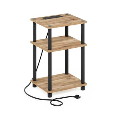 Furinno Just 3-Tier Turn-N-Tube USB and Type-C Charging Port End Table with Open Storage, Flagstaff Oak/Black