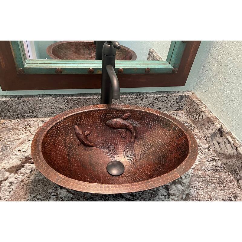 19-in Oval Under Counter Hammered Copper Bathroom Sink with Koi Fish Design (LO19FKOIDB)