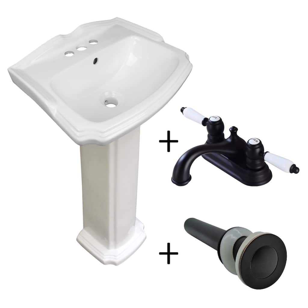Cloakroom White Ceramic Pedestal Sink 4" Black Centerset Faucet, Sink Drain and Overflow