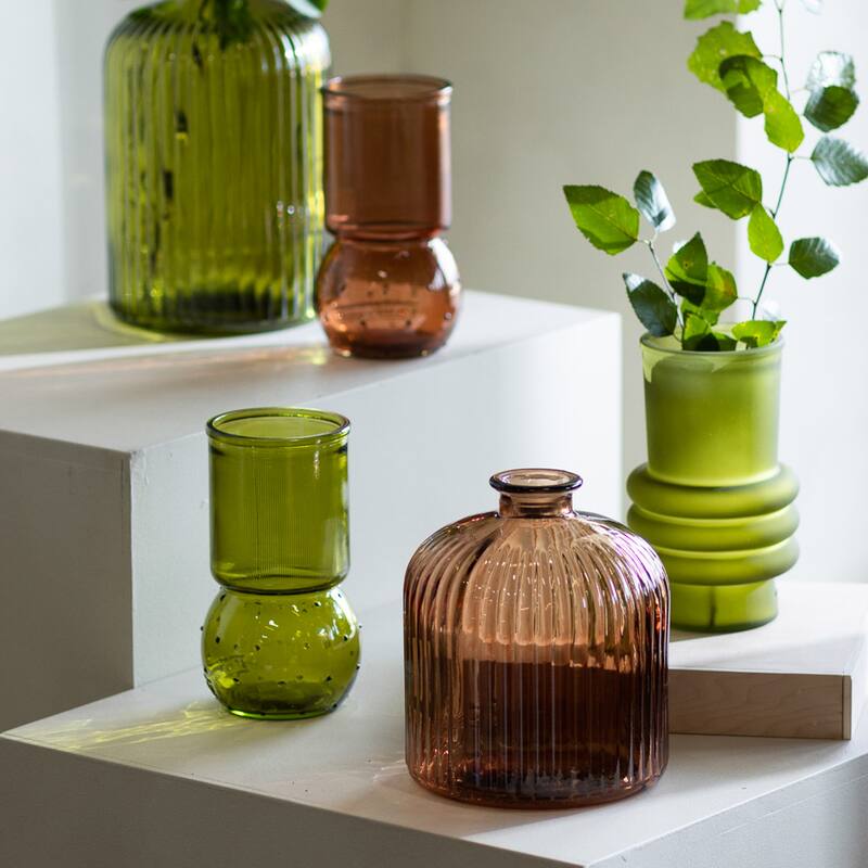 9" Clear Glass, Ribbed Vase, Green