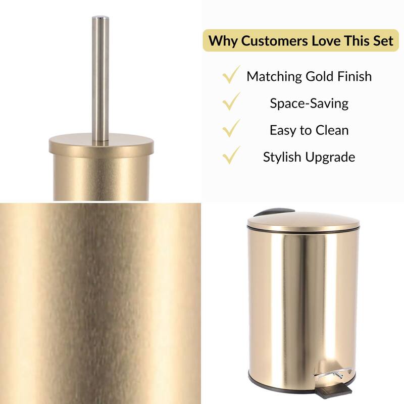 Brushed Gold Bathroom Set 0.8 Gal Trash Can and Toilet Bowl Brush - 6.1"L x 6.1"W x 15"H