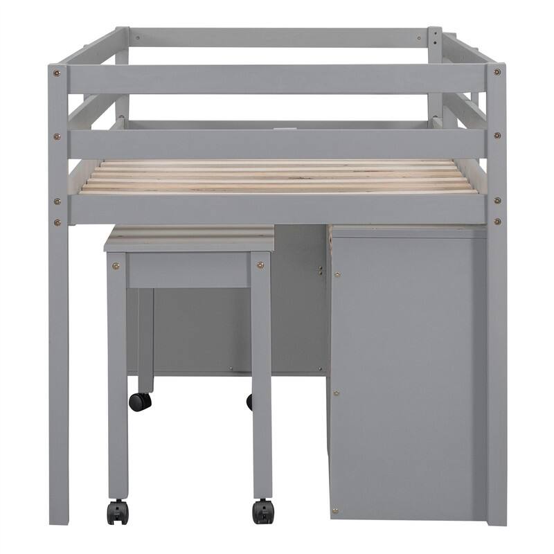 Twin/Full Size Low Loft Bed with Retractable Writing Desk and 4 Drawers, Wooden Loft Bedframe w/ Lateral Portable Desk & Shelves
