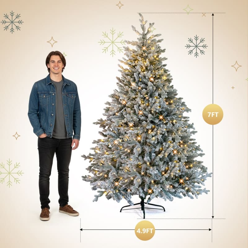 7 FT Pre-lit Snow Flocked Christmas Tree, Artificial Hinged Xmas Pine Tree for Holiday Party Office Home, Snowy Green