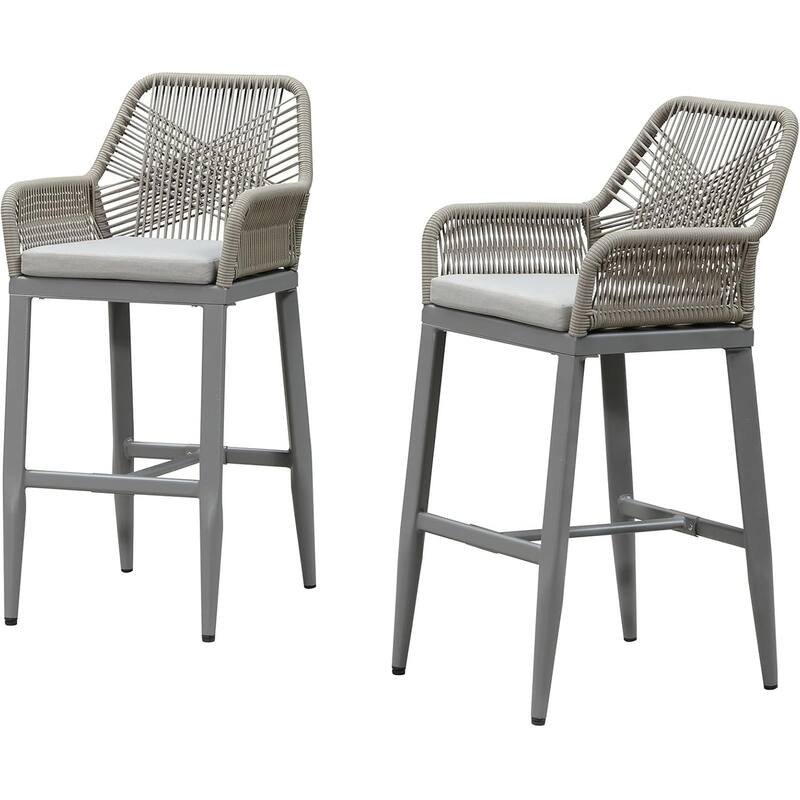 PURPLE LEAF Outdoor Bar Stools Chair Set of 2, All Weather Rattan and Aluminum Patio Bar Stool with Cushion - Light Grey-High stool