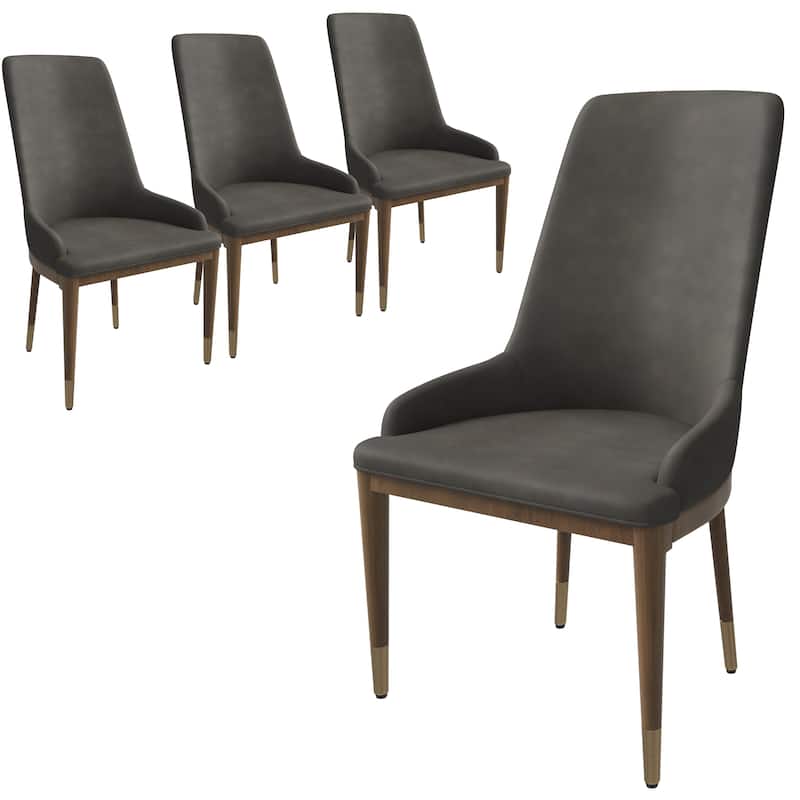 Dining Chair Upholstered in Leather with Rubberwood Frame Set of 4 Side Chair High Back and Gold Accent Legs