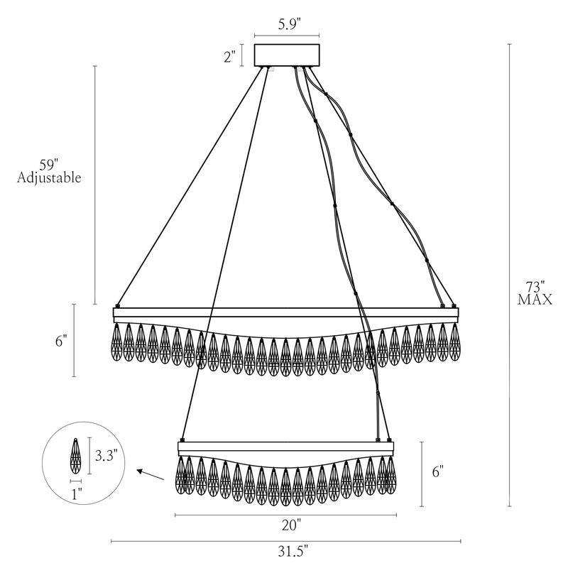 Modern Luxury 2-Tier LED Crystal Chandelier Black Gold Drum Light for Dining Living Room - D31.5" x H73" Max