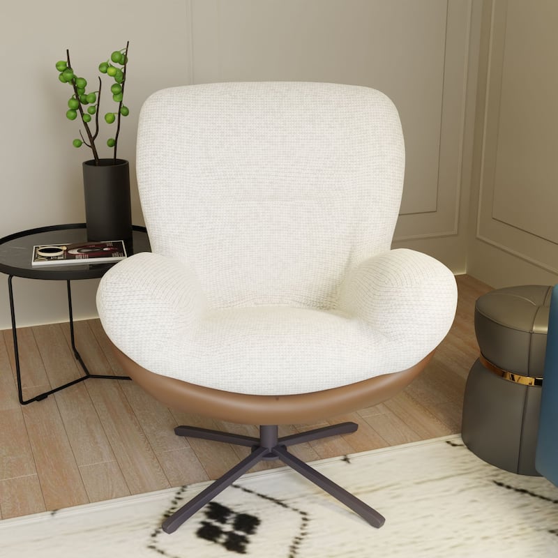 Chenille & Faux Leather Swivel Accent Chair,Comfy 360°Swiveling Lounge Chair with Black Metal Base