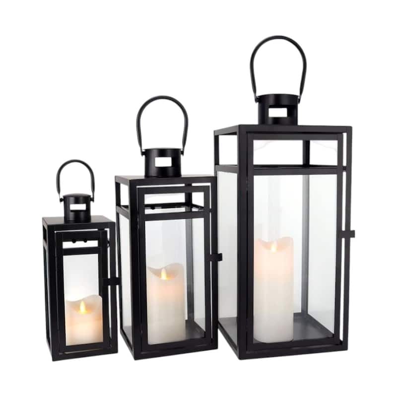 Set of Three Clear And Black Glass And Stainless Steel Tabletop Lantern Candle Holders