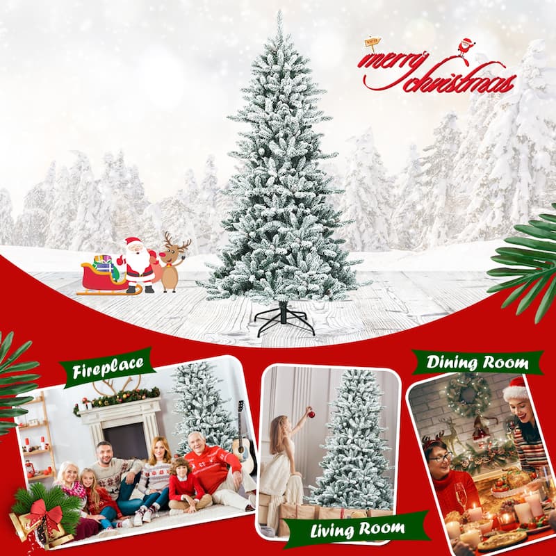 Gymax 7FT Snow Flocked Christmas Tree Hinged Fir Tree w/ Pine Cones - See Details