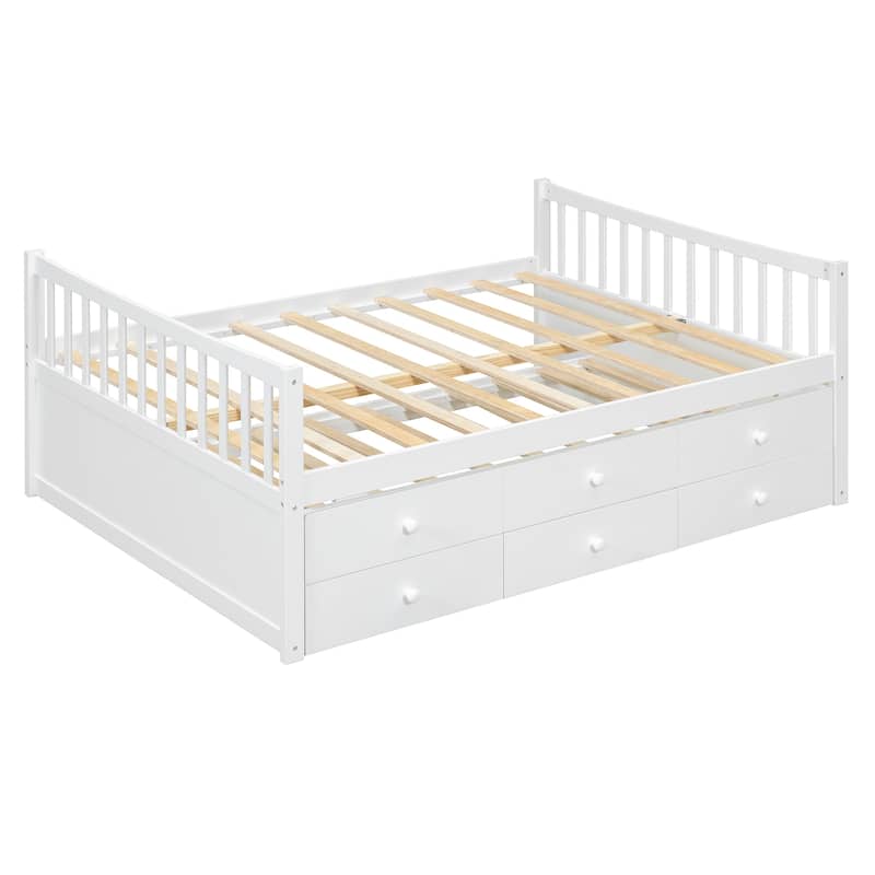 Wood Captains Bed Storage Daybed Full Size Platform Bed with Twin Size Trundle and Drawers, Built-in Smoothly Casters