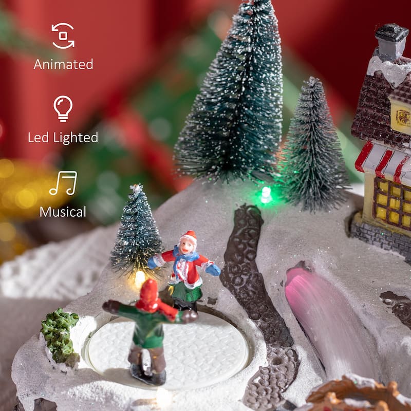 HOMCOM Animated Christmas Village Scene, Pre-Lit Musical Holiday Decoration with LED Lights, Fiber Optic