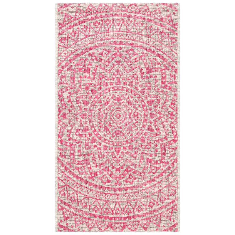 SAFAVIEH Courtyard Fran Mandala Indoor/ Outdoor Waterproof Patio Backyard Rug - 2' x 3'7" - Light Grey/Fuchsia