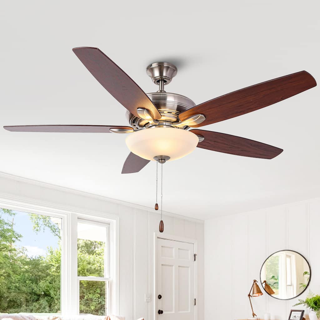 52-inch Traditional Nickel Frosted Glass Ceiling Fan with Light and Pull Chain - Polished Nickel