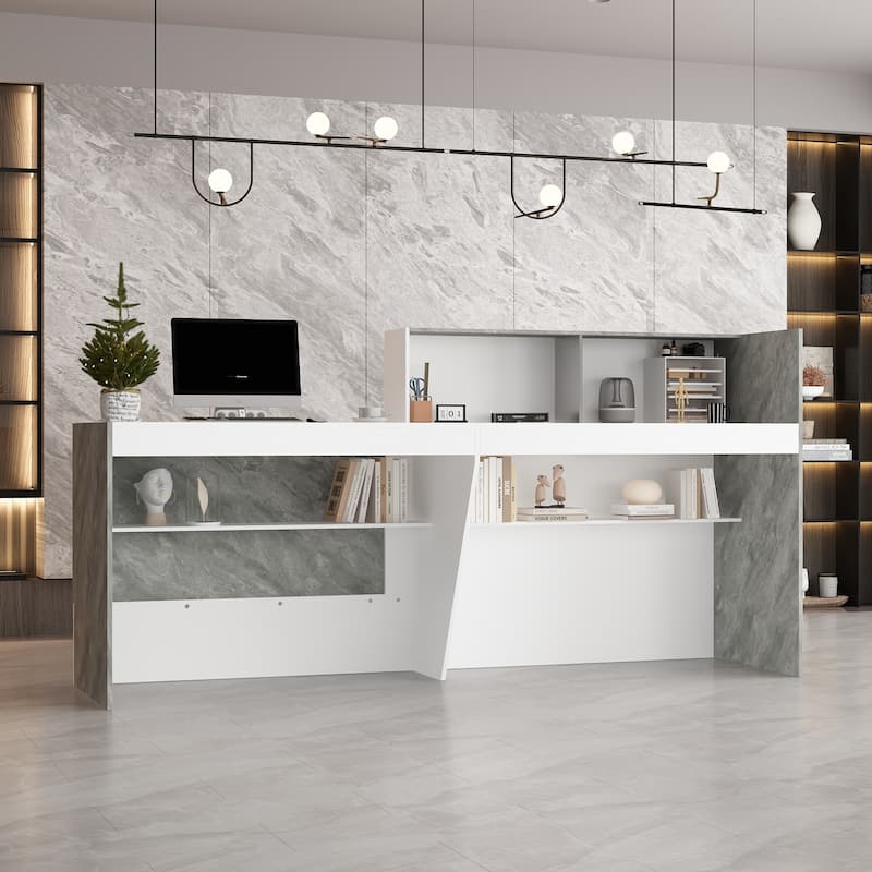 White and Marble Reception Desk with Spacious Work Surface and Shelving