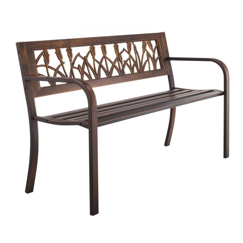 50 Inch Antique Bronze Outdoor Patio Bench with Steel Frame and Floral PVC Backrest for 2-3 People - 50” x 20.5” x 30.3”