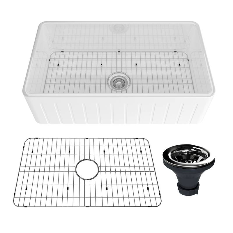 33 in. Farmhouse/Apron-Front Single Bowl Fireclay Kitchen Sink with Striped Design Reversible Installation, Grid and Strainer