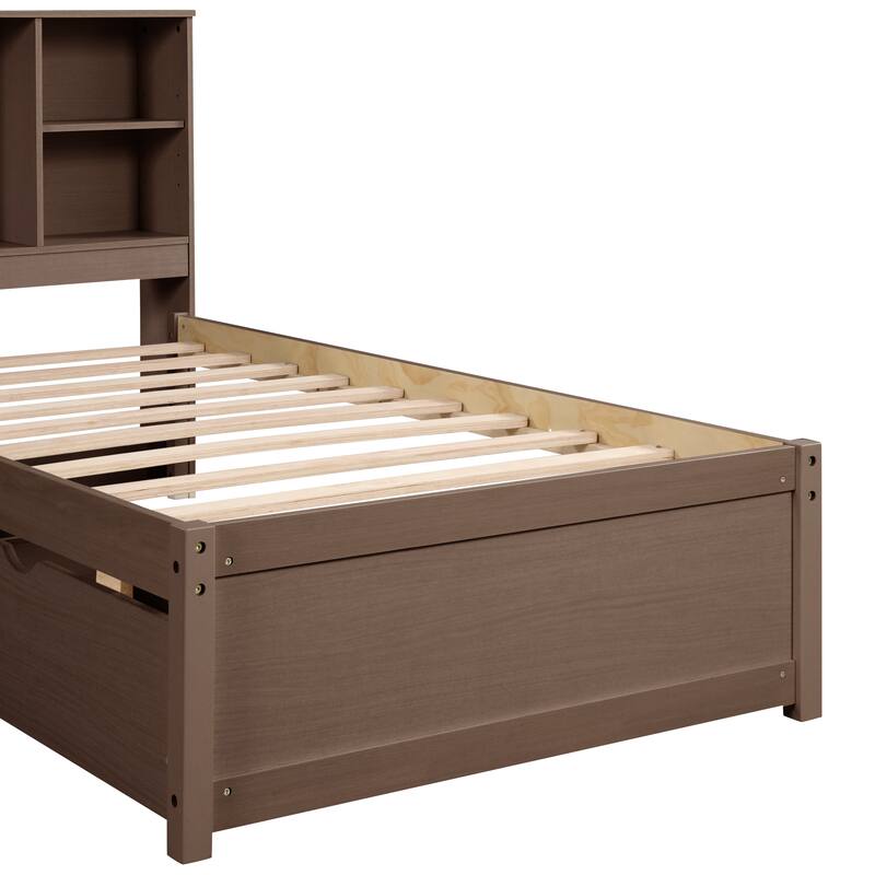 Modern Twin Size bed Frame With Built-in USB Port on Bookcase Headboard and 2 Drawers for Walnut Color