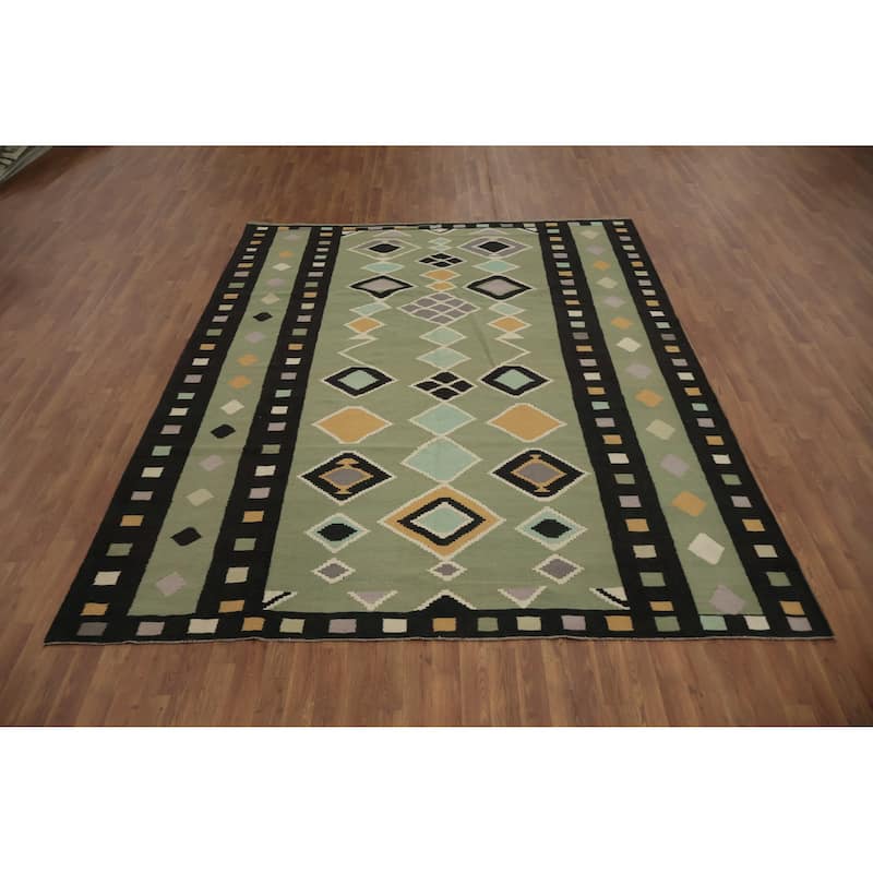 Hand Woven Oriental 100% Wool Carpet Southwestern Tribal Green Kilim Area Rug - 9' 11'' X 7' 11''