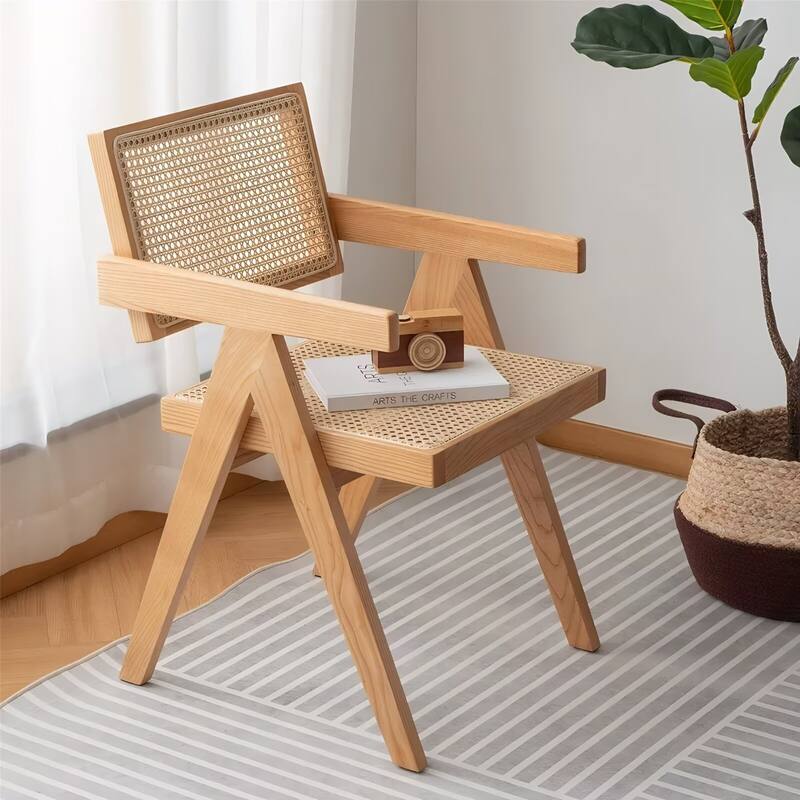 Modern Mid Century Rattan Dining Chairs with Armrest (Set of 2)