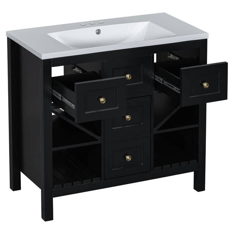 Bathroom Vanity with Resin Top Sink, Bathroom Storage Cabinet with 5 Drawers, Bathroom Vanity Set with 4 Open Shelves