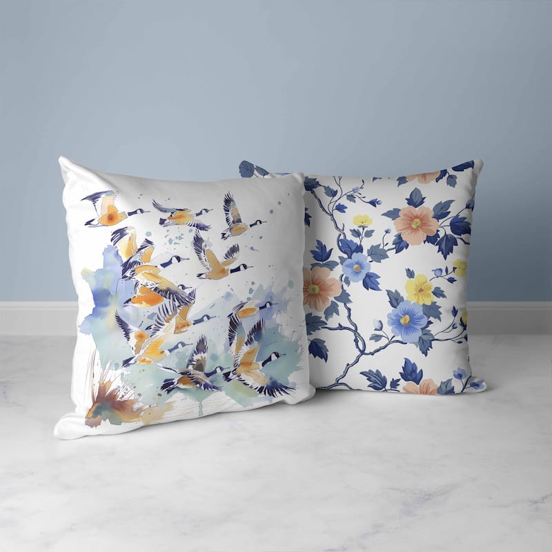Geese in Flight Faux Suede Reversible Throw Pillow Blue and Orange