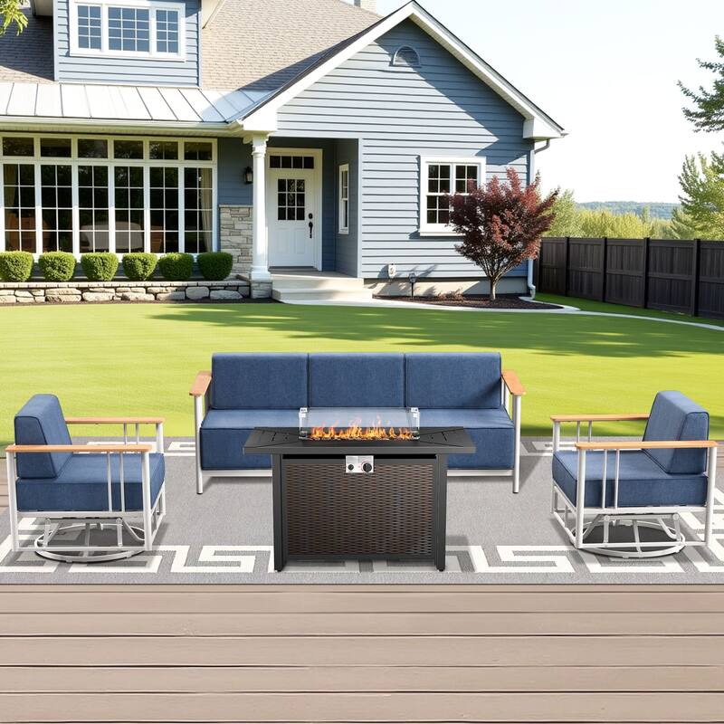 Outdoor Patio Funiture Set with Extra-Thick Seat cushion - White & BLue Cushion - 4PCS Sofa Chair with Fire Table