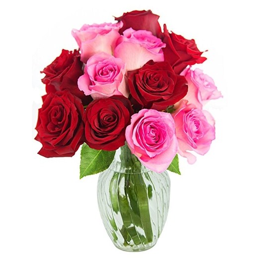 KaBloom: Bouquet of 12 Red and Pink Roses (Farm-Fresh, Long-Stem) with Vase