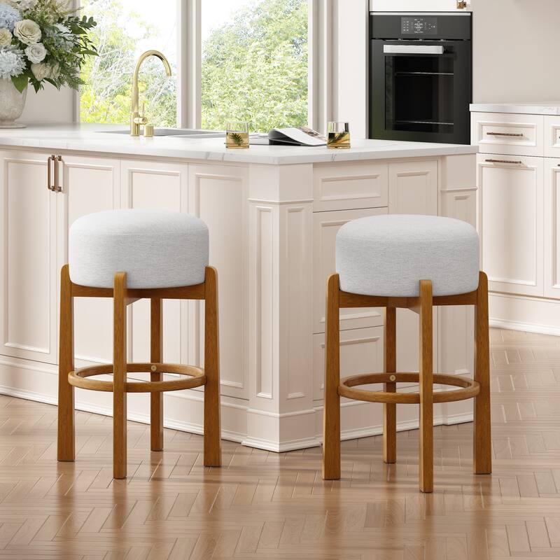 Christopher Knight Home - Vera Rubberwood Upholstered Barstools in Dark Walnut and Ivory Fabric - Set of 2 - Ivory+Walnut_Set of 2
