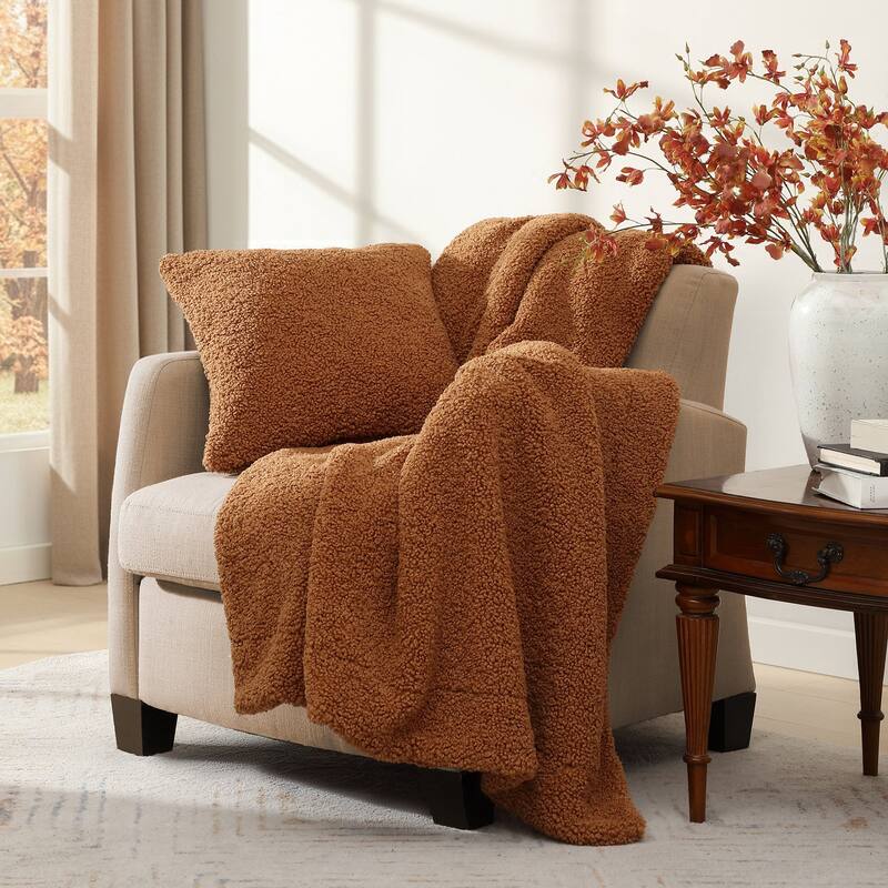 HiEnd Accents Teddy Textured Boucle Decorative Pillow with Down Insert, 18" x 18"