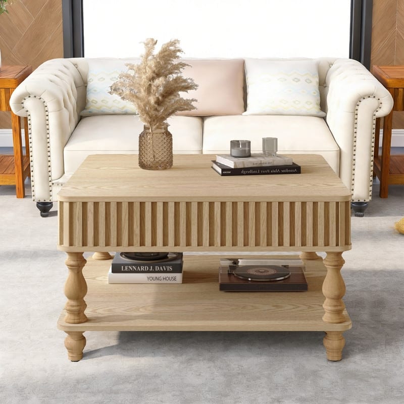 Fluted 31.5" Square Lift-Top Coffee Table with Hydraulic Mechanism for Hidden and Open Storage Solutions - Natural