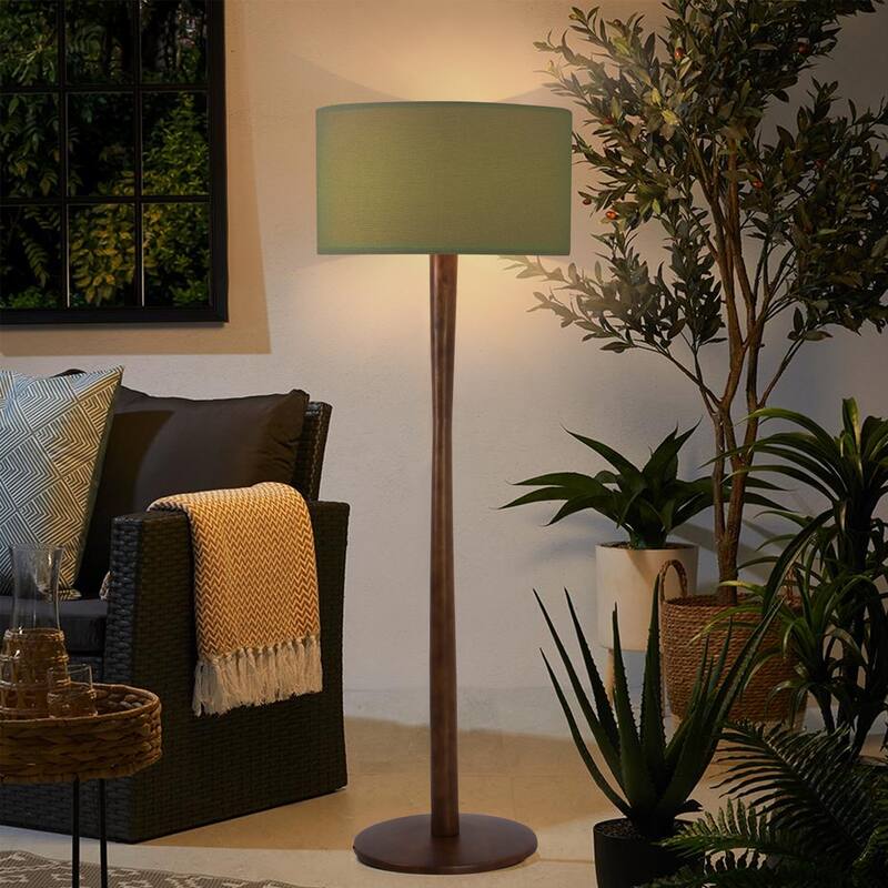 61 in. Retro Standing Floor Lamp with Rubberwood Base and Linen KD Lampshade for Bedroom, Living Room